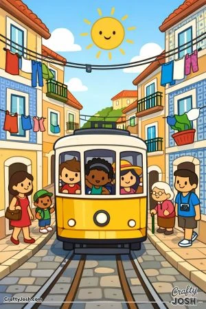 A cute Lisbon street scene shows a tram traveling uphill between simple buildings with laundry hanging overhead and people smiling nearby.