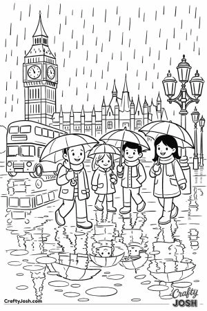 A simple London street scene shows Big Ben and the Houses of Parliament in the background while people walk with umbrellas past a double-decker bus ..