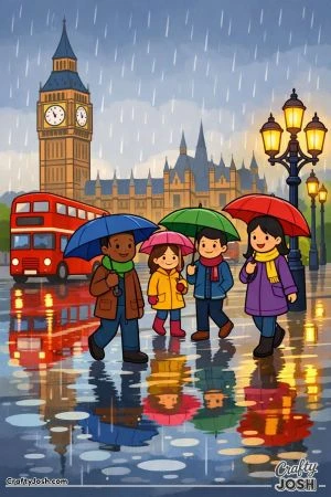 A simple London street scene shows Big Ben and the Houses of Parliament in the background while people walk with umbrellas past a double-decker bus ..