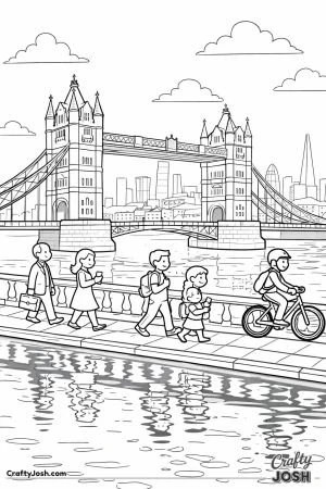 Tower Bridge stands over the river with people walking and cycling along the path while the city skyline and clouds appear in the background