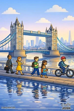 Tower Bridge stands over the river with people walking and cycling along the path while the city skyline and clouds appear in the background