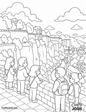 A group of simple kawaii-style people stand at a stone wall, looking out over big cliffs, a river valley, and a small town below.
