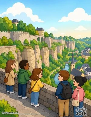 A group of simple kawaii-style people stand at a stone wall, looking out over big cliffs, a river valley, and a small town below.