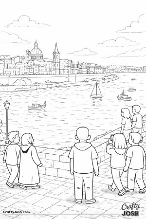 People stand and walk along a stone edge looking out over the sea with boats and a city of buildings in the background