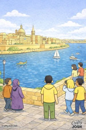 People stand and walk along a stone edge looking out over the sea with boats and a city of buildings in the background