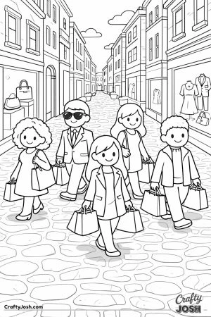 A simple city shopping street scene shows people walking with shopping bags along a cobblestone road lined with boutique windows and buildings.