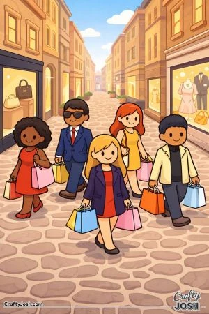 A simple city shopping street scene shows people walking with shopping bags along a cobblestone road lined with boutique windows and buildings.