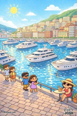 People stroll along a waterfront promenade beside a harbor filled with yachts, with city buildings rising in the background under a sunny sky