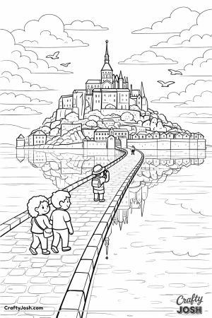 A peaceful scene shows Mont Saint-Michel rising from calm reflective water with a long stone path and people walking toward the castle while birds ..