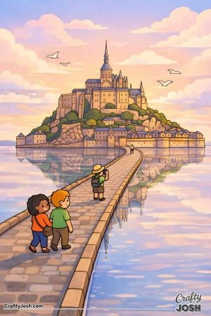 A peaceful scene shows Mont Saint-Michel rising from calm reflective water with a long stone path and people walking toward the castle while birds ..
