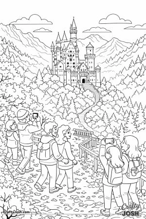 autumn forest, fairytale castle, hilltop castle, winding path, fallen leaves, wooden bridge, small stream, mountains background, misty mountains, ..