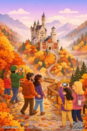 autumn forest, fairytale castle, hilltop castle, winding path, fallen leaves, wooden bridge, small stream, mountains background, misty mountains, ..