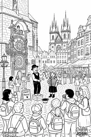 A lively city square shows an astronomical clock tower, cobblestone ground, street performers, and people watching and taking photos near colorful ..