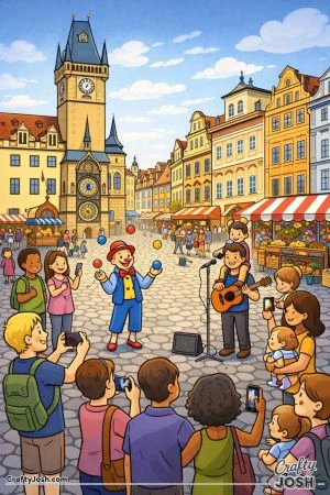A lively city square shows an astronomical clock tower, cobblestone ground, street performers, and people watching and taking photos near colorful ..