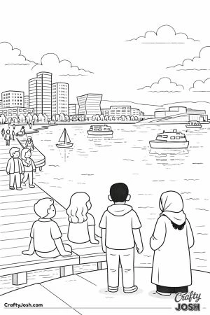 People stand and sit on a wooden dock looking out over calm water with boats and city buildings in the background