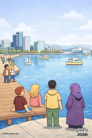 People stand and sit on a wooden dock looking out over calm water with boats and city buildings in the background