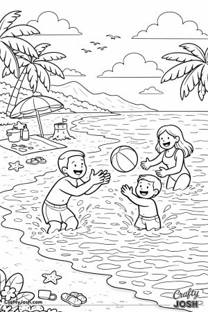 A family plays together in the shallow ocean water while tossing a ball, with palm trees, a beach umbrella, and a sandcastle along the sandy shore ..