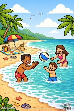 A family plays together in the shallow ocean water while tossing a ball, with palm trees, a beach umbrella, and a sandcastle along the sandy shore ..
