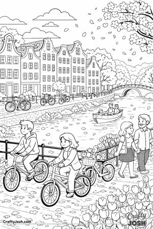 A peaceful canal scene shows tall narrow houses, people riding bicycles and walking, tulips blooming along the path, and a small boat floating under ..