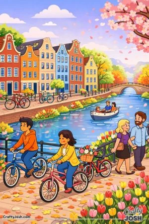 A peaceful canal scene shows tall narrow houses, people riding bicycles and walking, tulips blooming along the path, and a small boat floating under ..
