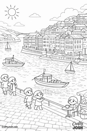 People walk along a riverside promenade with boats floating on calm water and stacked houses rising up the hillside in the background