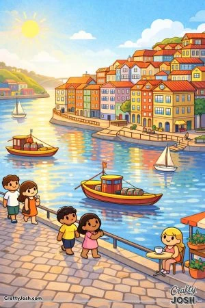 People walk along a riverside promenade with boats floating on calm water and stacked houses rising up the hillside in the background