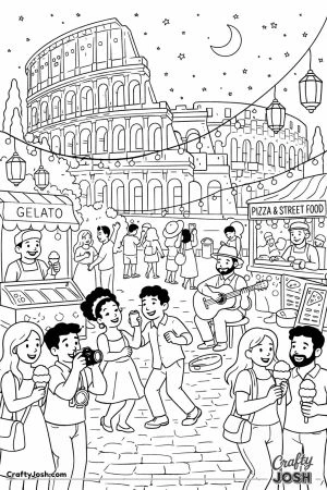 A cheerful nighttime scene shows the glowing Colosseum with string lights, lanterns, food stalls, a guitar player, and people dancing, eating, and ..