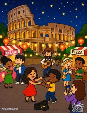 A cheerful nighttime scene shows the glowing Colosseum with string lights, lanterns, food stalls, a guitar player, and people dancing, eating, and ..