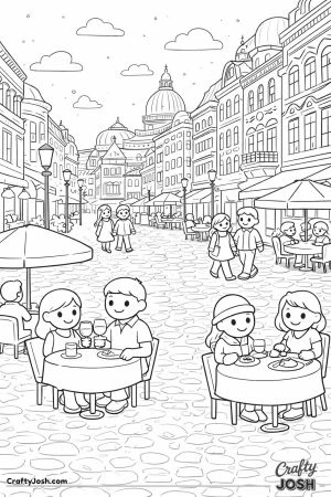 A lively old town street scene shows decorative buildings, outdoor cafe tables, people eating, and others walking along a cobblestone road under ..