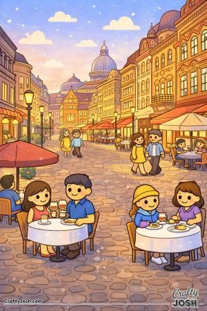A lively old town street scene shows decorative buildings, outdoor cafe tables, people eating, and others walking along a cobblestone road under ..