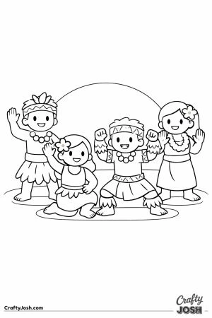 Four happy children are dancing together in a simple group formation with big smiles and fun costumes.