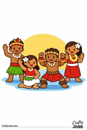 Four happy children are dancing together in a simple group formation with big smiles and fun costumes.