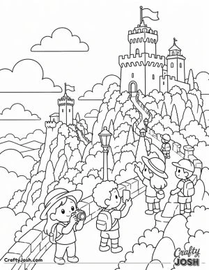 A group of cheerful children explore a winding path leading up to tall castle towers on a hill, surrounded by fluffy clouds and a bright sky.