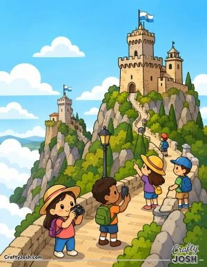 A group of cheerful children explore a winding path leading up to tall castle towers on a hill, surrounded by fluffy clouds and a bright sky.