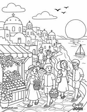 A cute seaside village with white houses and blue domes sits on a cliff at sunset, with children walking along a path beside a fruit and flower ..