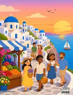A cute seaside village with white houses and blue domes sits on a cliff at sunset, with children walking along a path beside a fruit and flower ..