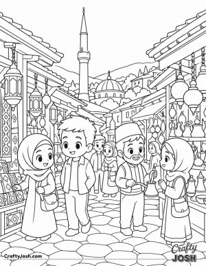 A cheerful market street scene shows smiling people walking and shopping between wooden stalls with hanging lanterns along a cobblestone path