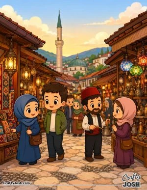A cheerful market street scene shows smiling people walking and shopping between wooden stalls with hanging lanterns along a cobblestone path
