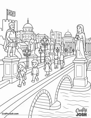 A simple kawaii-style scene shows a large stone bridge with statues, a flowing river below, and people happily walking across with city buildings in ..