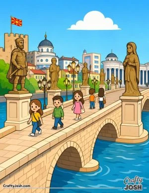 A simple kawaii-style scene shows a large stone bridge with statues, a flowing river below, and people happily walking across with city buildings in ..