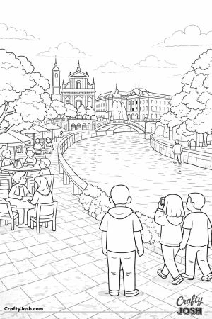 People sit at outdoor cafe tables and walk along a riverside path with a bridge, trees, and buildings beside the water