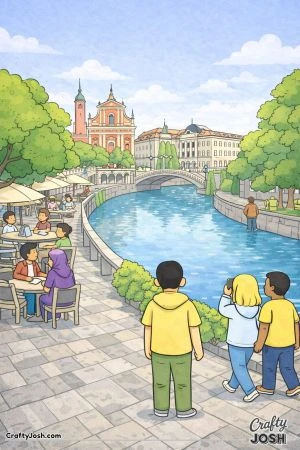People sit at outdoor cafe tables and walk along a riverside path with a bridge, trees, and buildings beside the water
