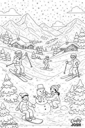 A fun winter scene shows snowy mountains, wooden cabins, pine trees, and people skiing, snowboarding, and building a snowman as snow falls gently.