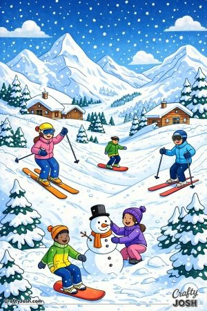 A fun winter scene shows snowy mountains, wooden cabins, pine trees, and people skiing, snowboarding, and building a snowman as snow falls gently.