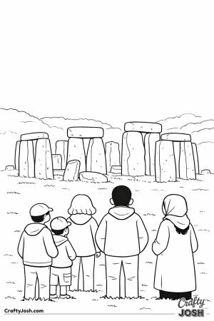 A group of visitors stands in a grassy field looking at the large ancient stones of Stonehenge surrounded by light fog and simple hills