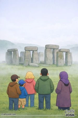 A group of visitors stands in a grassy field looking at the large ancient stones of Stonehenge surrounded by light fog and simple hills