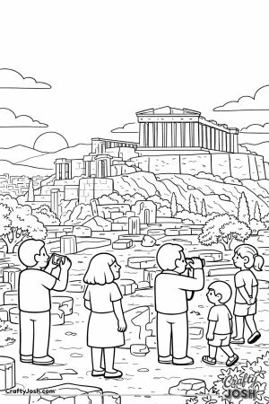 A peaceful scene shows the Acropolis on a hill at sunrise with ancient ruins, soft sky, olive trees, and visitors walking and looking around