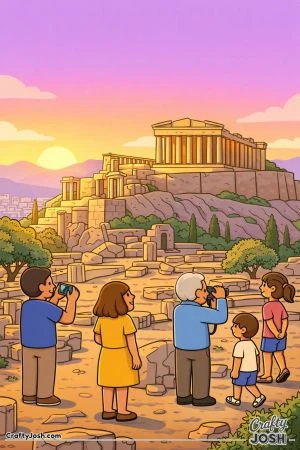 A peaceful scene shows the Acropolis on a hill at sunrise with ancient ruins, soft sky, olive trees, and visitors walking and looking around