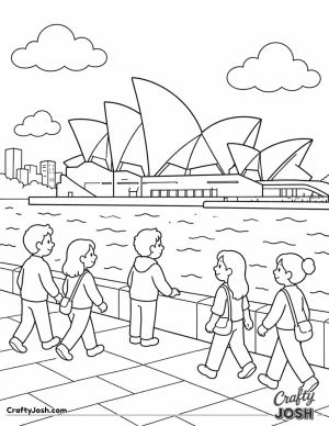 A group of simple kawaii-style people walk along a wide waterfront while looking at the Sydney Opera House across calm water under a clear sky.