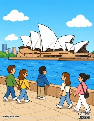 A group of simple kawaii-style people walk along a wide waterfront while looking at the Sydney Opera House across calm water under a clear sky.